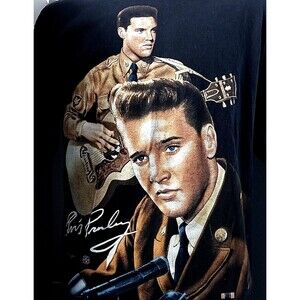 Vtg 1996 ELVIS PRESLEY Military Uniform Black Trinity Prod T-Shirt Men's Large